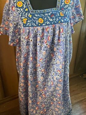 Expressions Blue Floral Cotton Dress with Multicolor Embroidery